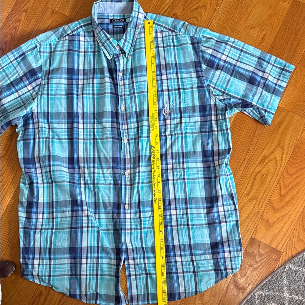 Chaps Men's Teal and Navy Plaid Short-Sleeve Button-Down Shirt - Picture 2 of 6